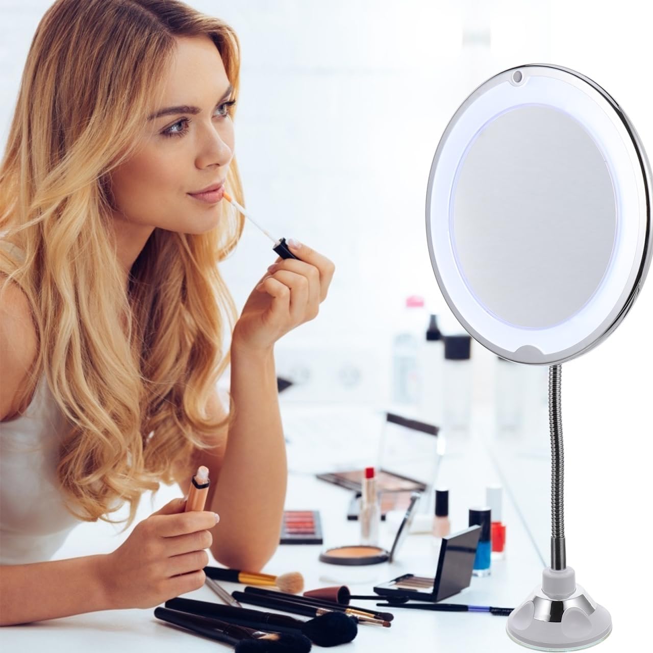 Rotating 10x Magnifying Vanity Mirror with LED Light and Suction Cup, 360-degree Adjustable Makeup Mirror for Bathroom and Travel