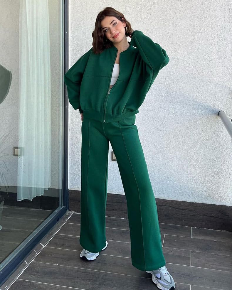Set Di Abbigliamento Da Viaggio Per Donna, Bomber Rosso A Maniche Lunghe con Cerniera, Pantaloni Larghi con Elastico In Vita, Completo 2 Pezzi, Tuta Casual Ampia, Coordinati Sportivi