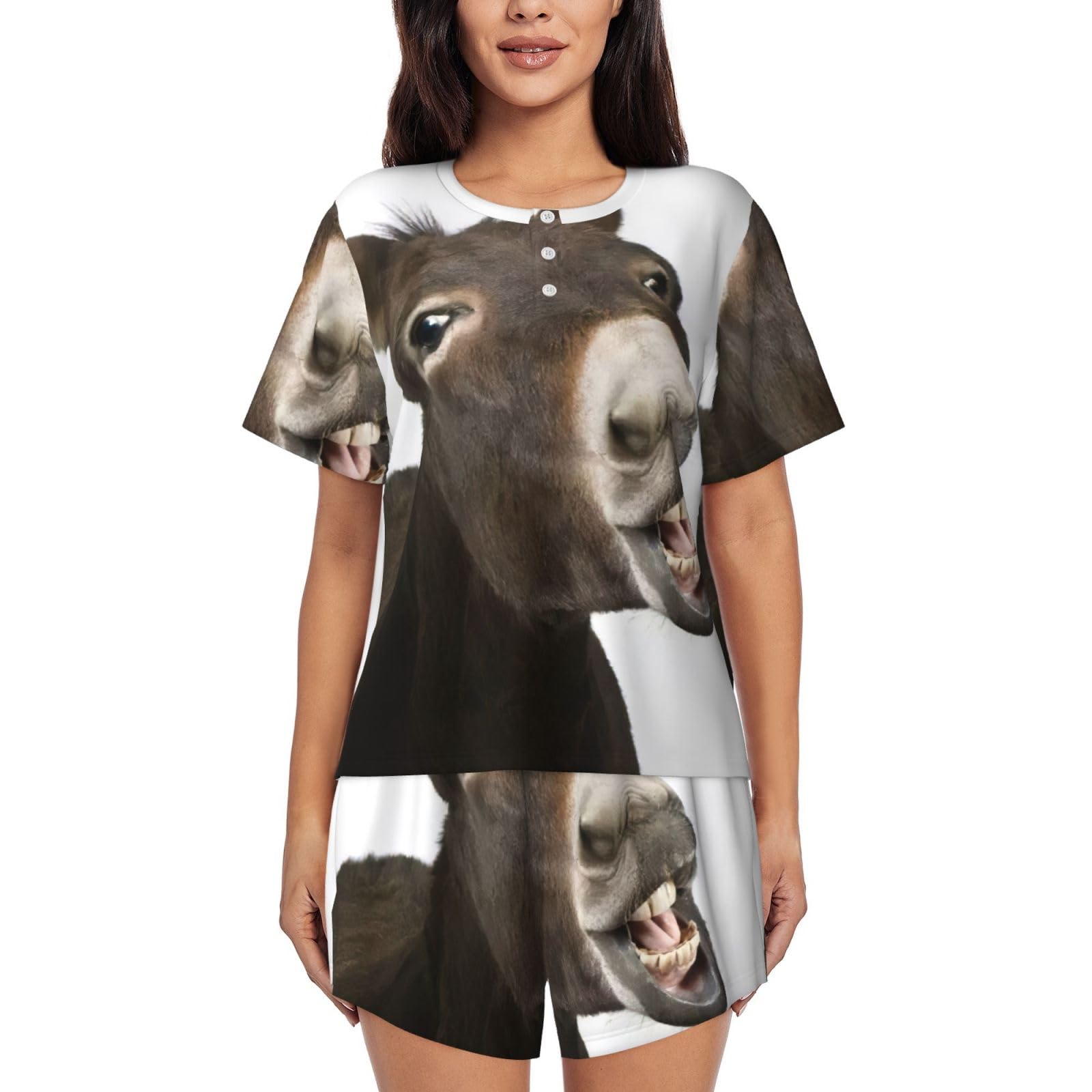 Jejea Women's Black Funny Donkey Print 2 Piece Pajama Set With Pockets Pjs Summer Sleepwear Set Round Neck Short Sleeve