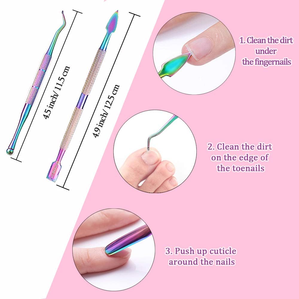 TOROKOM Kit di 6 spingi cuticole professionale, in acciaio inox, a doppia estremità, per manicure e pedicure, per la cura delle unghie, pulizia delle unghie dei piedi, con custodia (camaleonte)