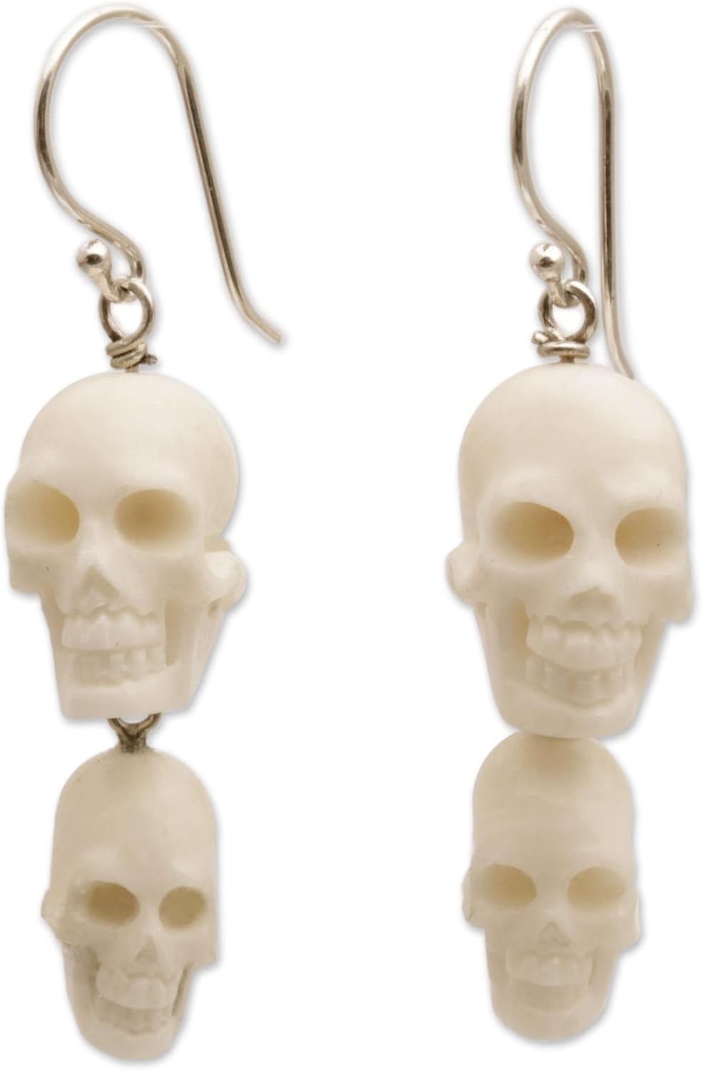 NOVICA Artisan Handcrafted Bone Dangle Earrings Skull from Bali Sterling Silver Indonesia Halloween Day of The Dead [2 in H x 0.4 in W x 0.5 in D] ' Trunyan Skulls'