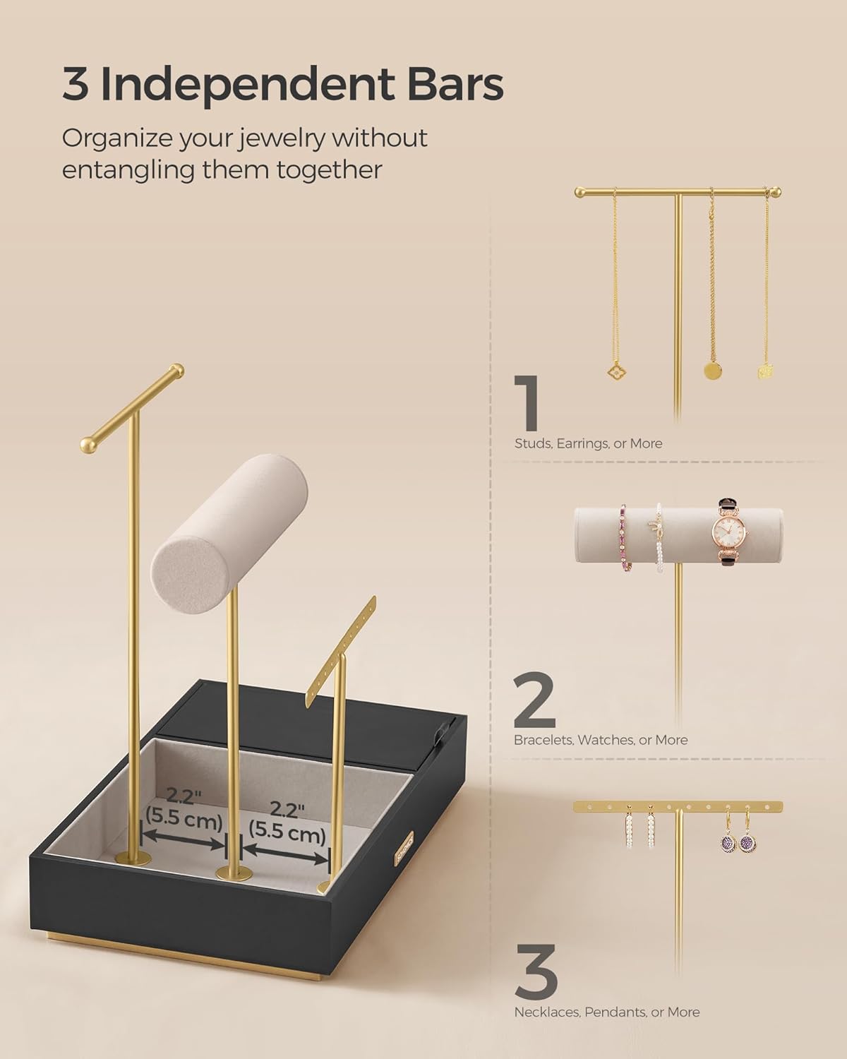 SONGMICS Jewelry Holder, Jewelry Organizer, Jewelry Display Stand, Metal Earring Organizer with Mirror, with Necklace Earring Bracelet Holder, for Rings, Gift Idea, Black and Gold UJJS022B01