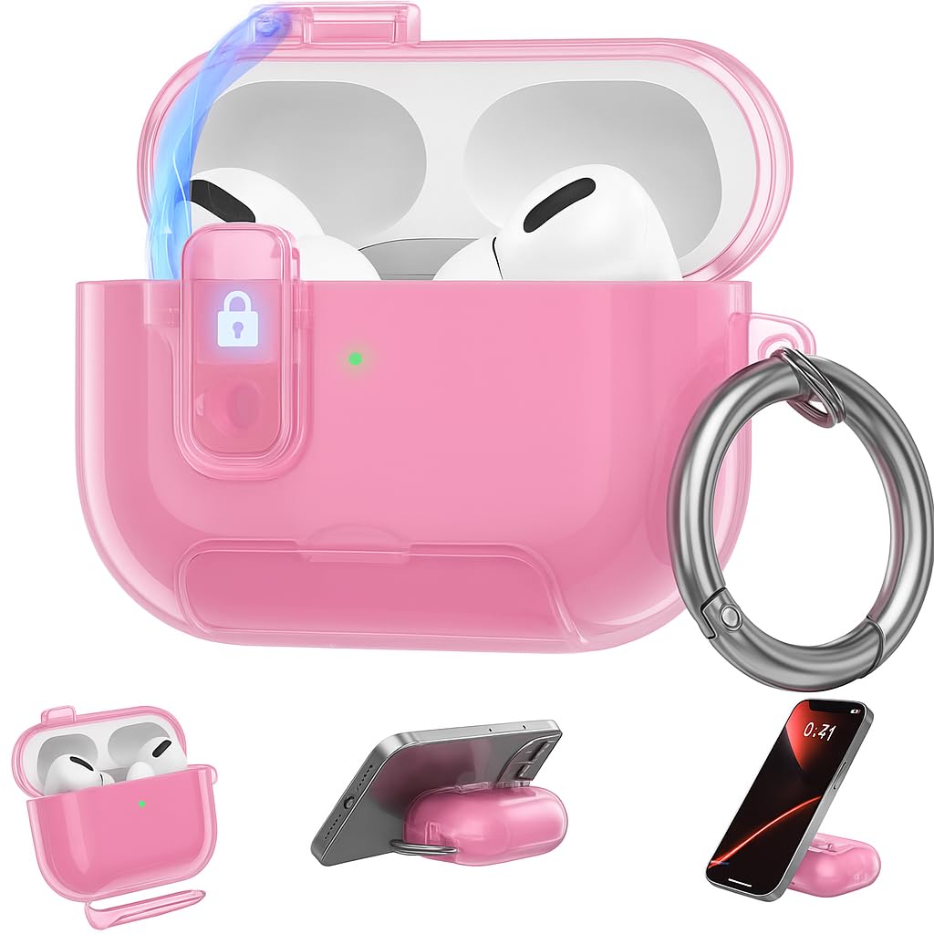 Meyaar for AirPods Pro 3 Case, Clear Magnetic Automatic Lock Cases with Phone Stand with Keychain Case for Airpod Pro 3 for Men & Women (Pink)-image-47