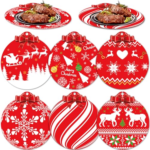 Juego de 6 manteles individuales redondos rojos de plástico de doble capa, decoración de temporada, invierno, vacaciones, para regalo, niños, granja, cena, fiesta de Navidad, decoración de mesa