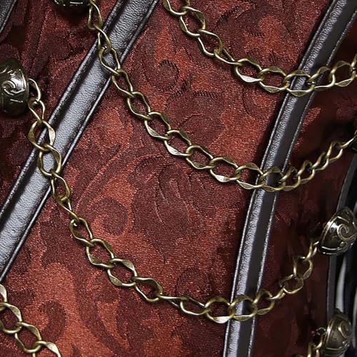 Image of Charmian Women's Steel Boned Steampunk Gothic Bustier Corset with Chains | Overbust Corset, Premium Brocade & Leather, Clasp Closure, Lace-up Back