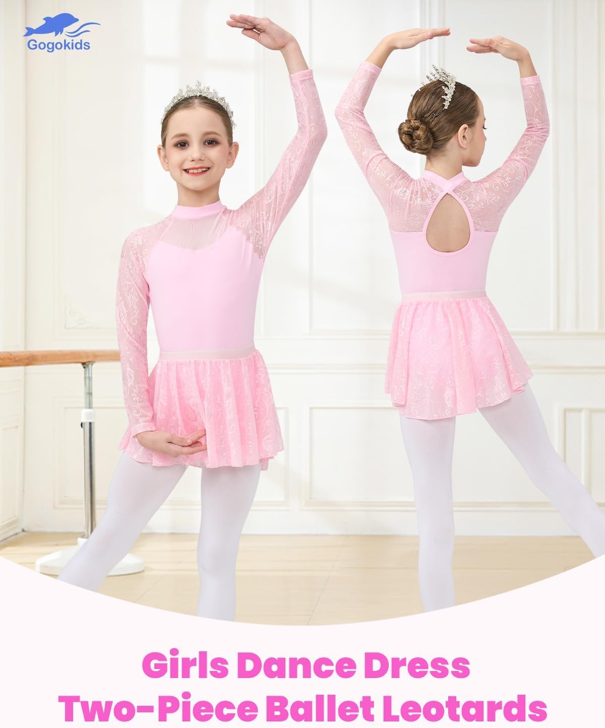 Gogokids Ballet Leotards for Girls Long Sleve Lace Dance Leotards Toddler Dance Dress with Removable Skirt Combo - Image 2