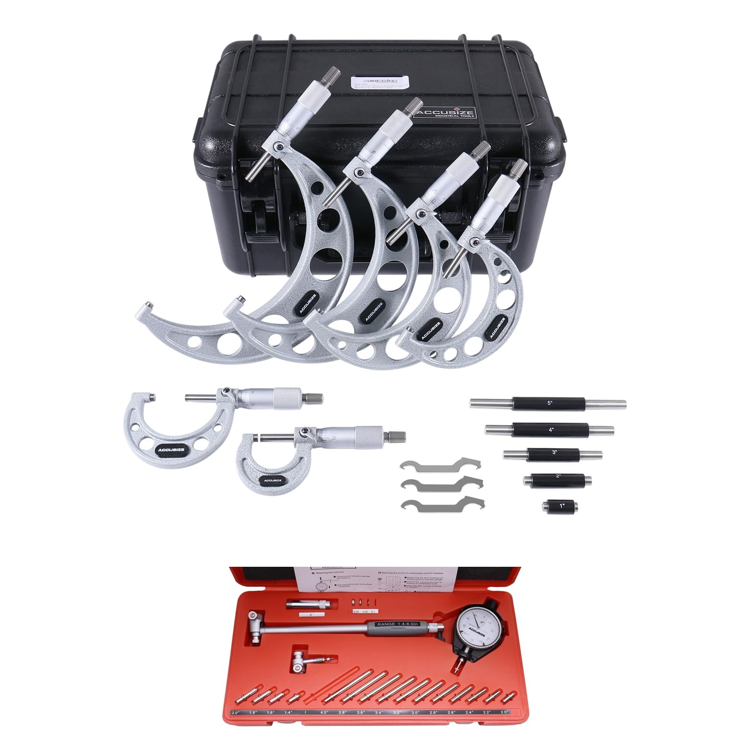 Accusize Industrial Tools 0-6 inch Ultra-Precision M-Type Outside Micrometers with 1 Dial Bore Gage Set, 1.4-6 inch Range, Eg00-0906+Ee20-1406