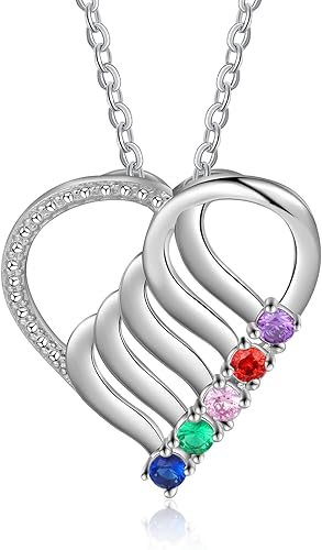 Miniatura 2 de Jeweidea Personalized Heart Necklace with 2-6 Simulated Birthstones Custom Name Mother Daughter Chain Pendant for Women Mom Birthday
