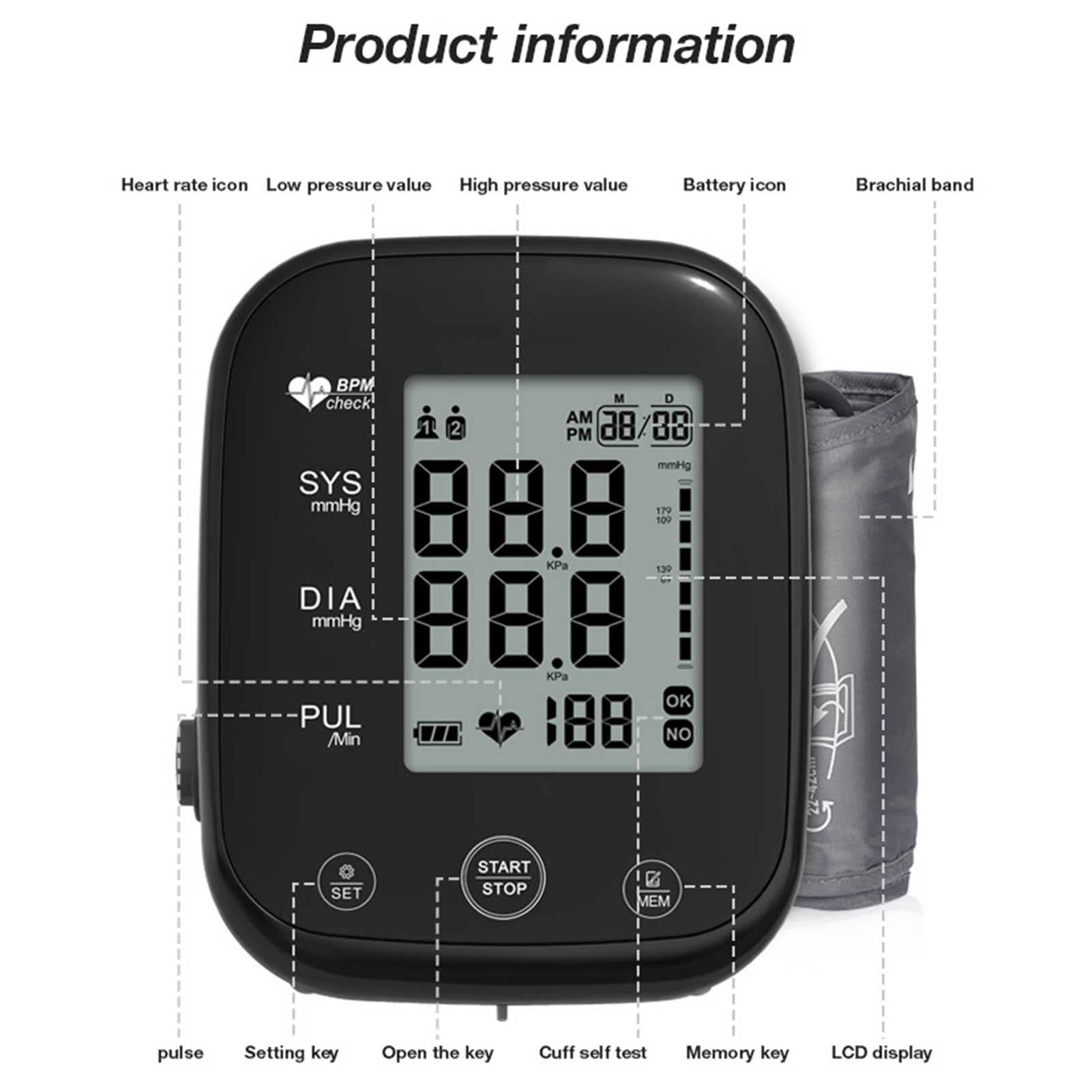 Precyzyjny elektroniczny sfigmomanometr, 2 * 99 grup danych pamięci, duży ekran LCD HD, monitorowanie tętna, automatyczny ciśnieniomierz domowy