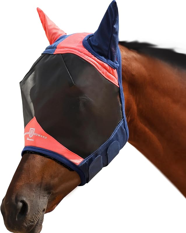 Máscara contra moscas para cavalos Harrison Howard com orelhas, proteção UV, Coral/Marinho, tamanho L