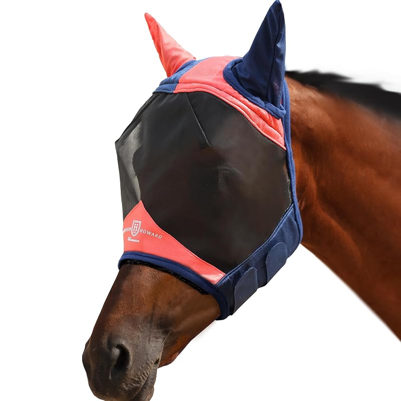 Máscara contra moscas para cavalos com orelhas e proteção UV Harrison Howard Coral Orange/Navy Small (Yearling)