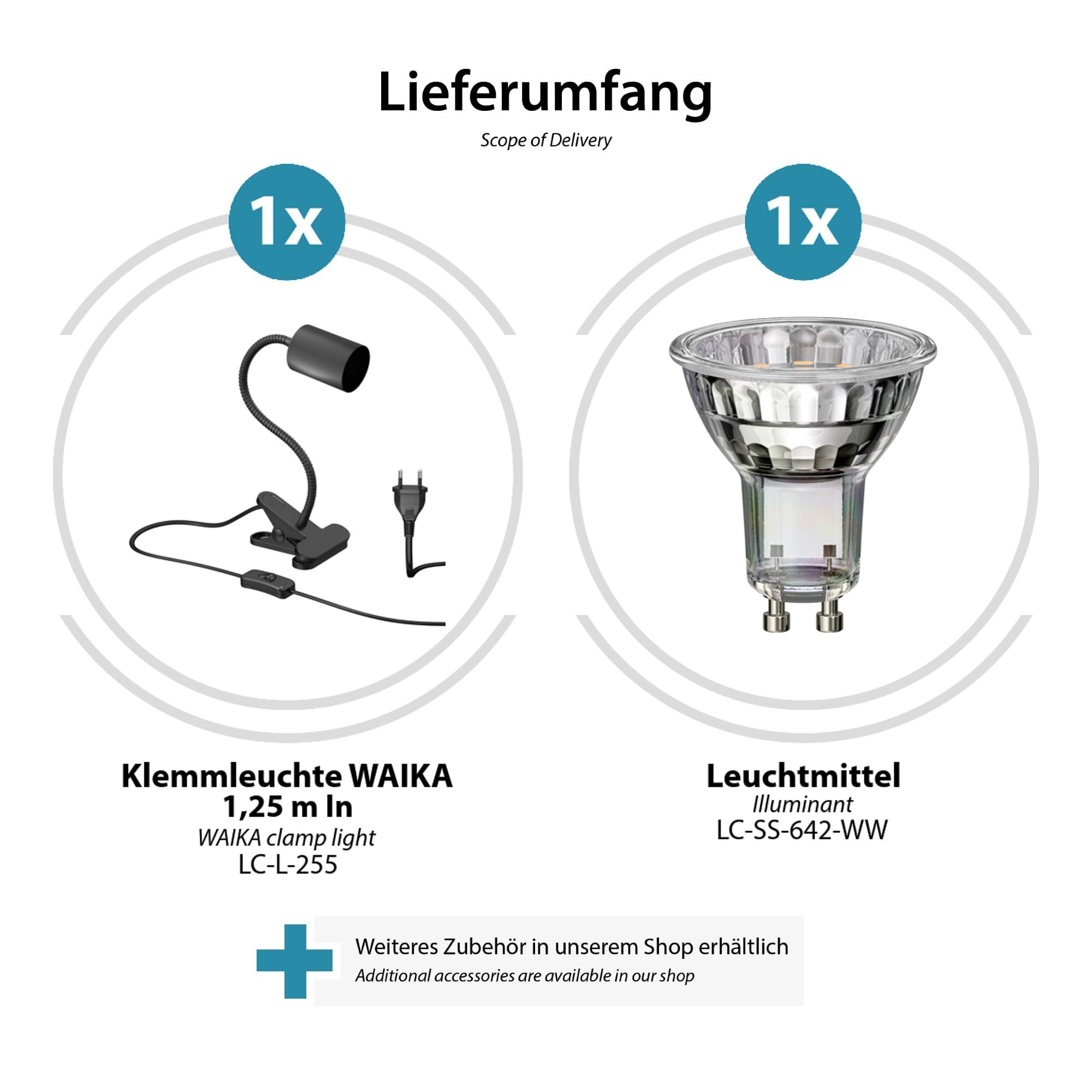 ledscom.de 2x Klemmleuchte WAIKA mit Schwanenhals und Schalter schwarz matt, inkl. GU10 LED Lampe (warmweiß, 2,339W, 227lm, 110°)