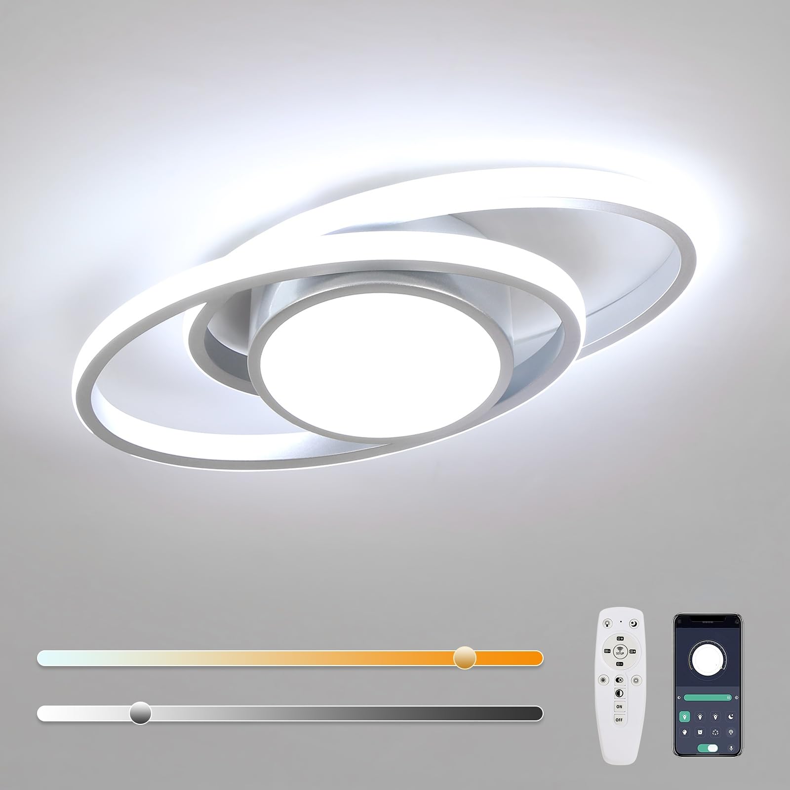 39W 4387LM Plafonnier LED Dimmable 3000K-6500K Rond Argenté 38.5CM