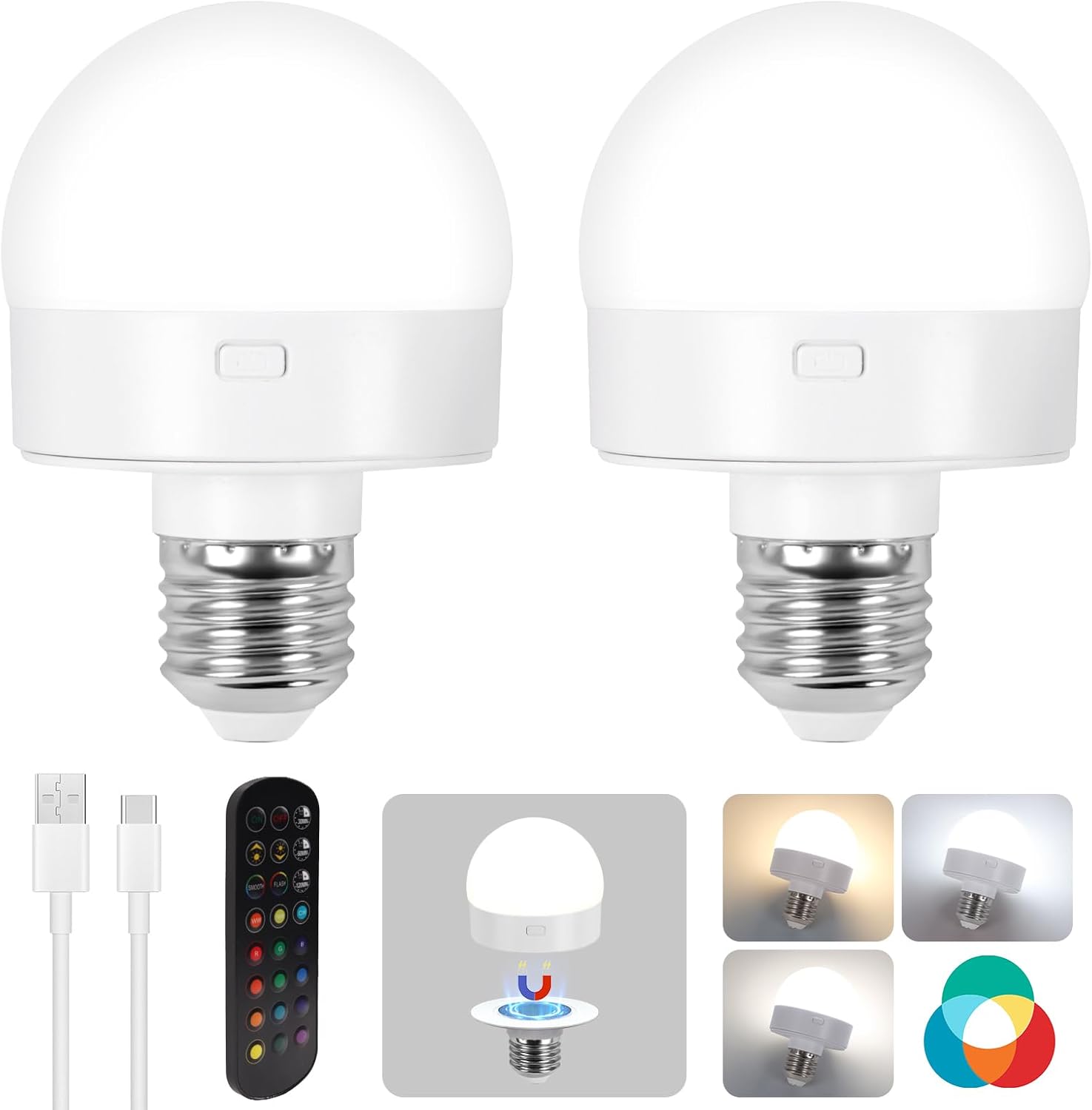 Rechargeable Battery Operated Light Bulbs with Remote Control,Timer and 15 Color Temperature,Wireless Puck Light Bulbs dimmable Magnetic Color Changing LED Bulb for Non-Hardwired Wall Sconce,2 Pack