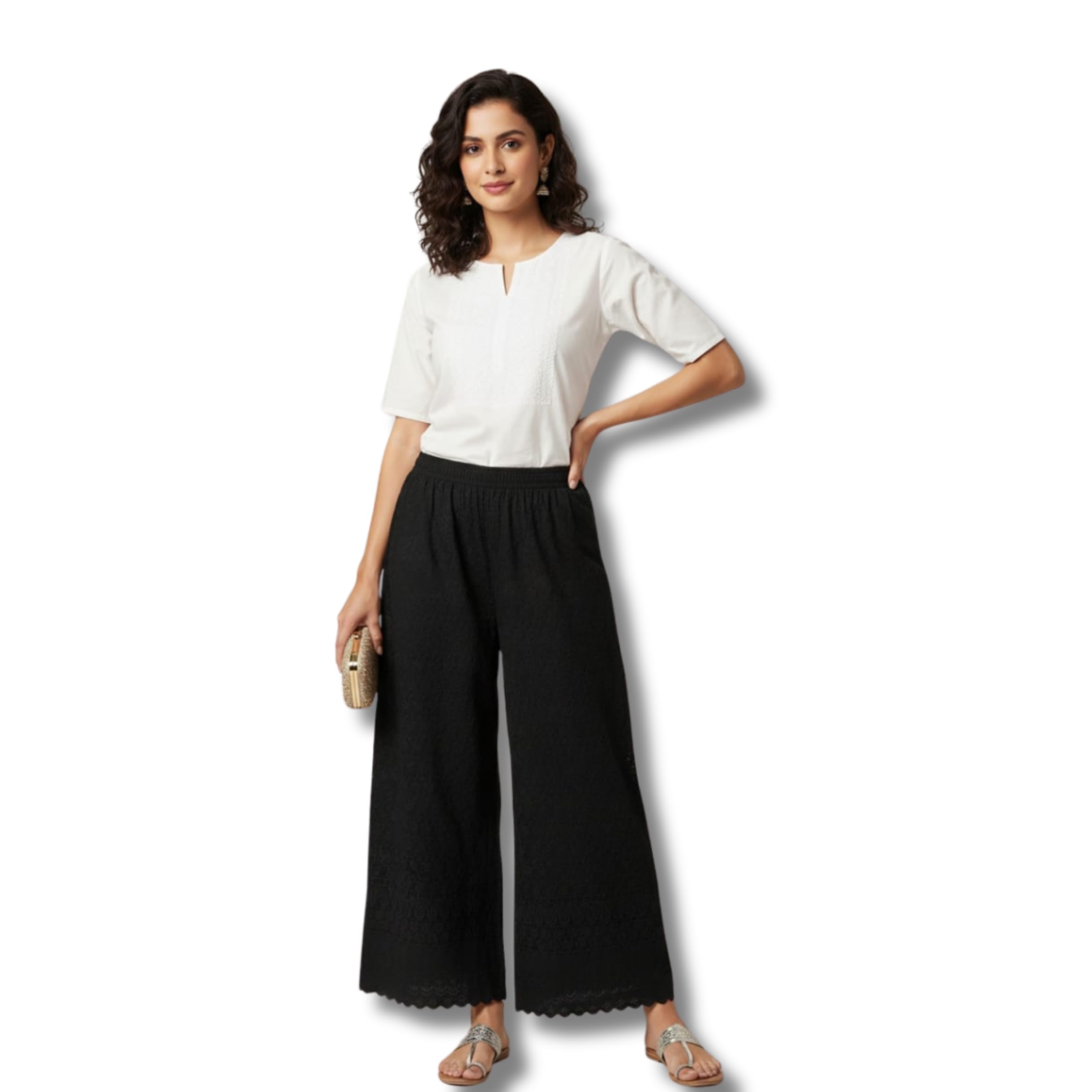 rudrah hub Women's Cotton Palazzo Pants, Black Wide Leg with Scalloped Hem, Elastic Waist, Mid Rise, Casual Wear, Contemporary Style-picture-31