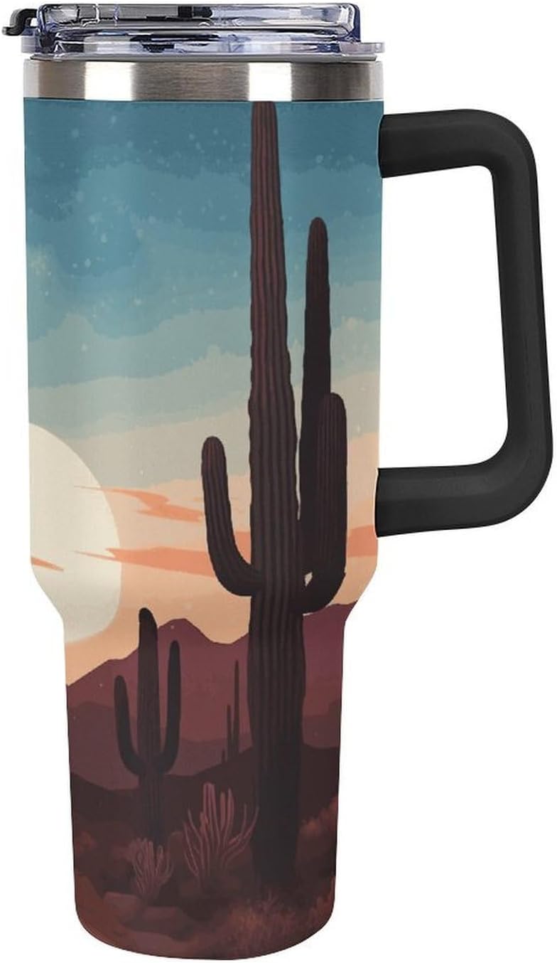 40 Oz Tumbler with Straw And Lid Desert With Cactus Insulated Travel Coffee Mug Stainless Steel Water Bottle Vacuum Insulated Tumblers for Sport Work Car Travel Weekends
