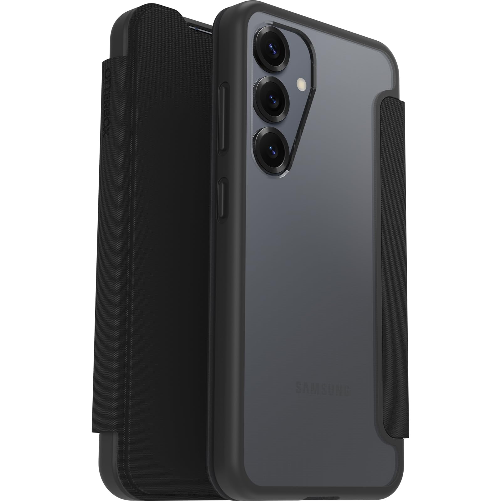 OtterBox Cover React Series Folio per Samsung Galaxy S25, resistente a shock e cadute, slot carte di credito, testata a norme MIL STD 810G, Trasparente/Nero