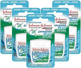 Kit com 5 Fio Dental J&j Reach Expansion Plus Menta 50m