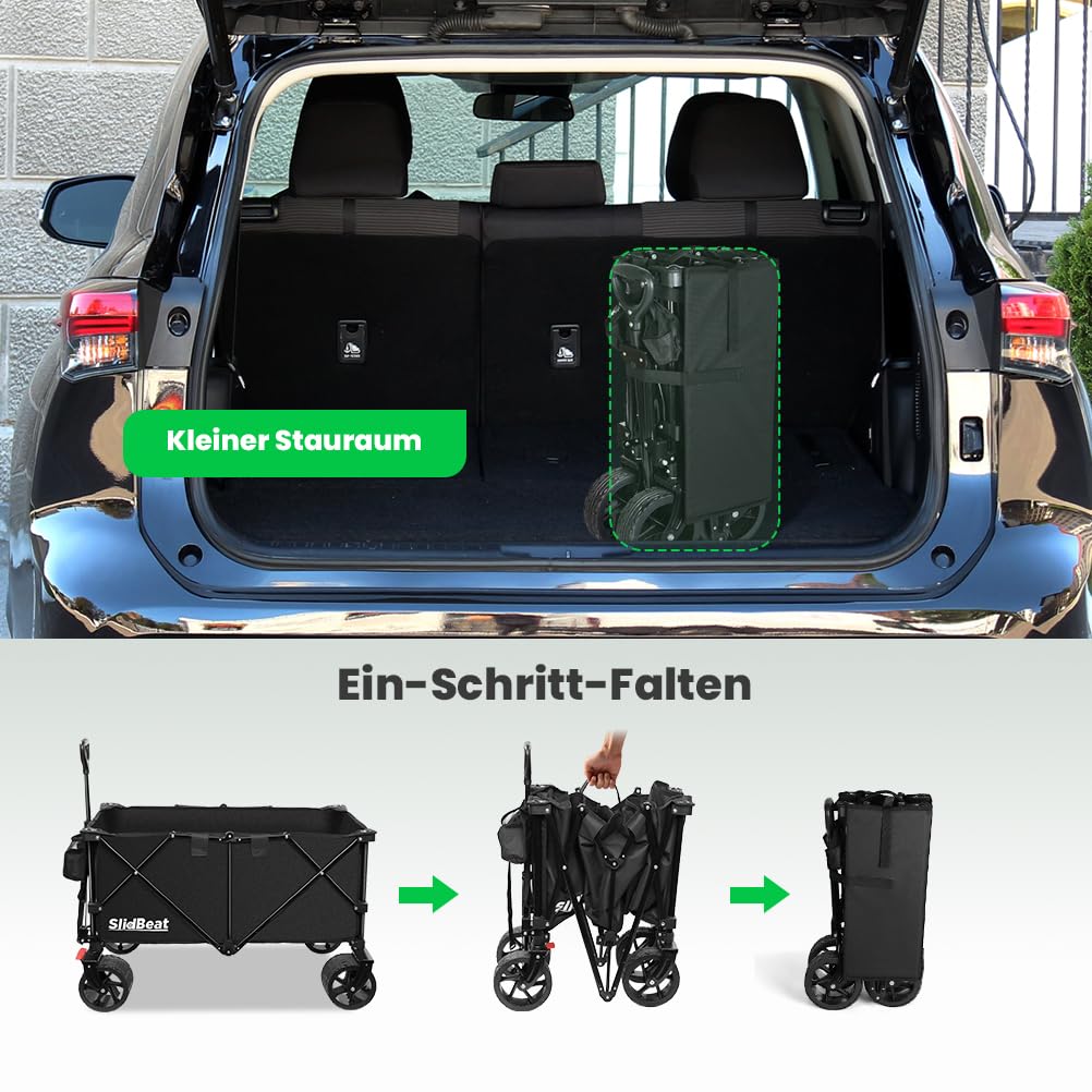 SLIDBEAT XXXL Bollerwagen Faltbar mit Bremsen, 300L 226KG Faltbollerwagen Große Räder, Getränkehalter Verstellbarem Griff Klappbar Bollerwagen Für Strand Garten Camping Shopping Transport Trolley