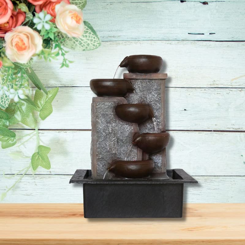 Image of Polyresin Table Top Designer Indoor 5 Artistic Steps Water Fountain for Living Room Home Decor with Yellow LED & Speed Controller Pump (Size: 40 x 29.5 x 22CM | Colour: Grey & Chocolate)