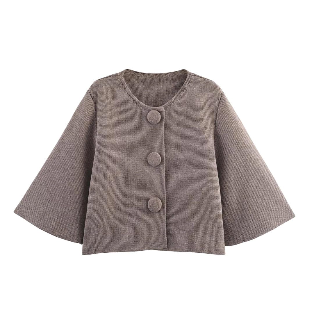 Womens Spring Round Neck Fabric-Covered Large Button Knitted Solid Color Short Sweater
