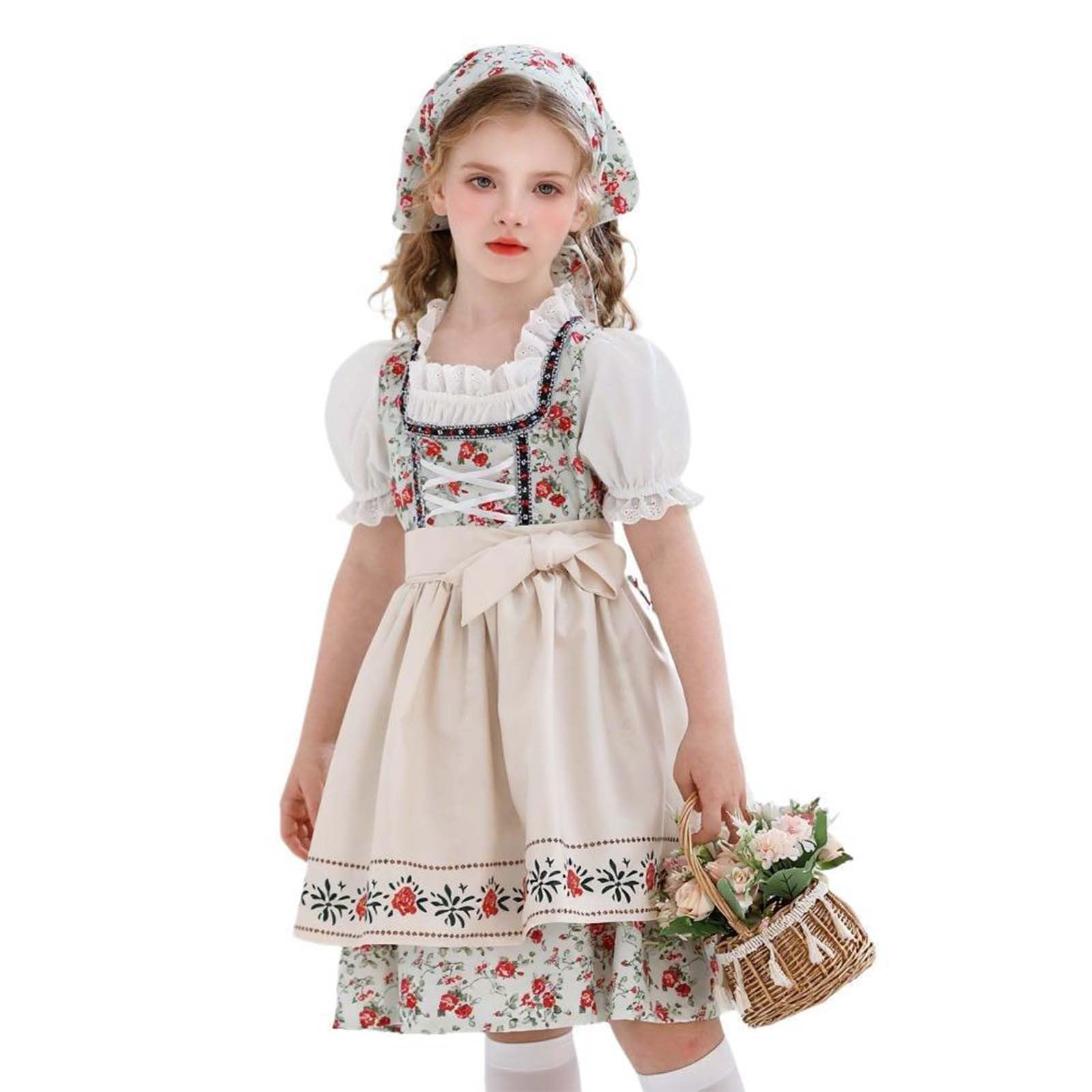 Vestito Tirolese Bambina Ragazza Midi Tradizionale Bambine Completo Spettacolo Dell'Oktoberfest Bambini dai 5 Ai 9 Anni Tenuta con Grembiule in Pizzo a Maniche Corte Festa della Birra per Carnevale