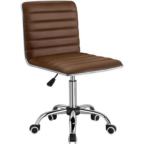 Furmax Mid Back Task Chair, Low Back Leather Swivel Office Chair, Vanity Chair for Makeup Room, Computer Desk Chair Retro with Armless Ribbed (Brown)