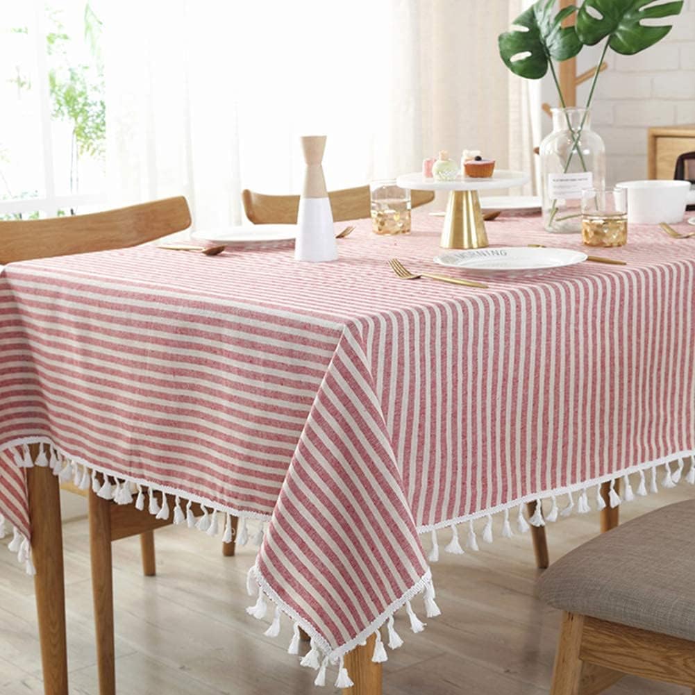 meioro Table Cloth Red White Striped Tablecloth Tassels Cotton Linen Dust-Proof Table Cover for Dining Coffee Buffet Kitchen Picnic Tables, Parties Indoor Outdoor Square Tablecloths (55x55 Inch) : Home & Kitchen