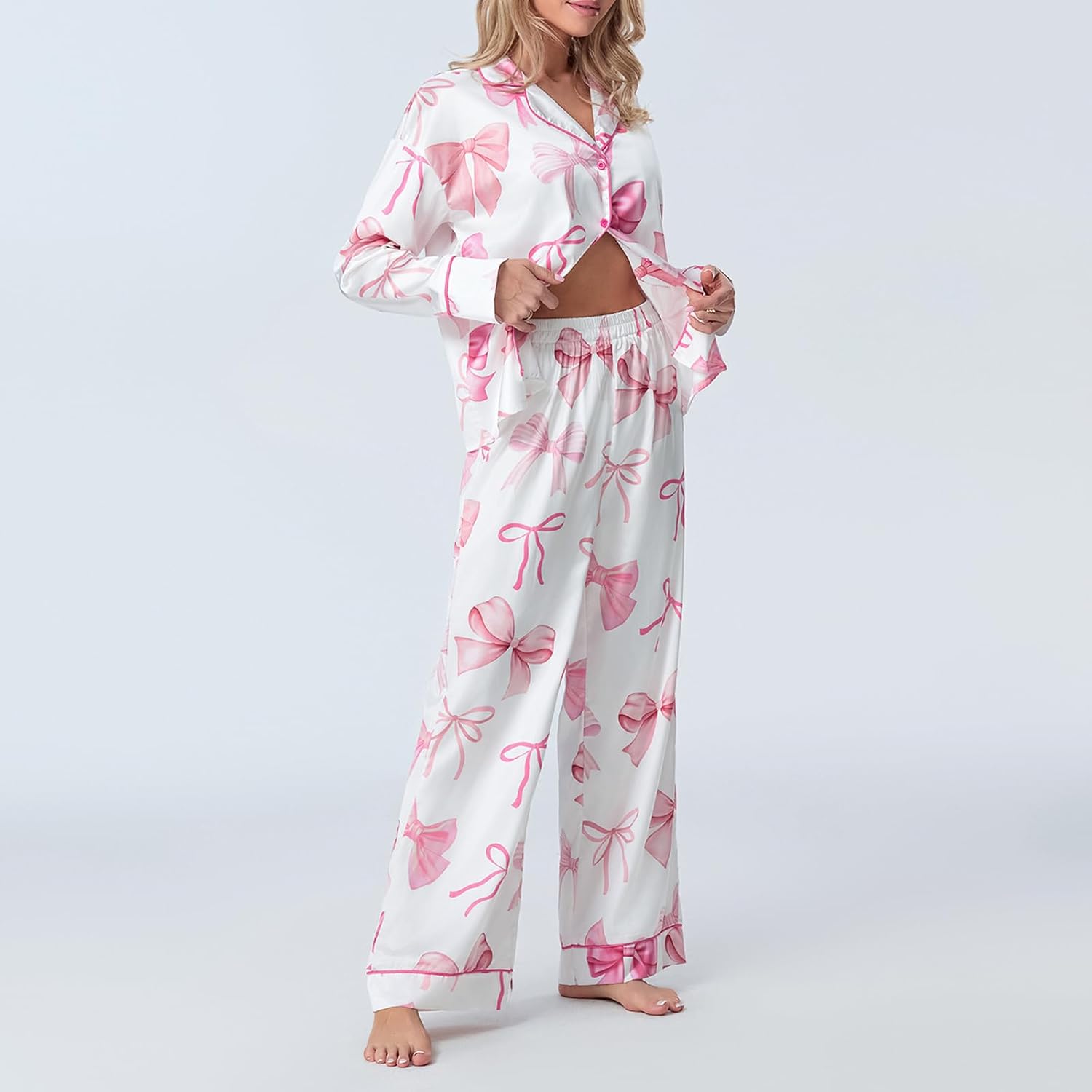 Women 2 Piece Lounge Outfit Bow Print Satin Pajama Set Long Sleeve Lapel Button Sleepwear Sets 6 61 uSydXQOL. AC SL1500