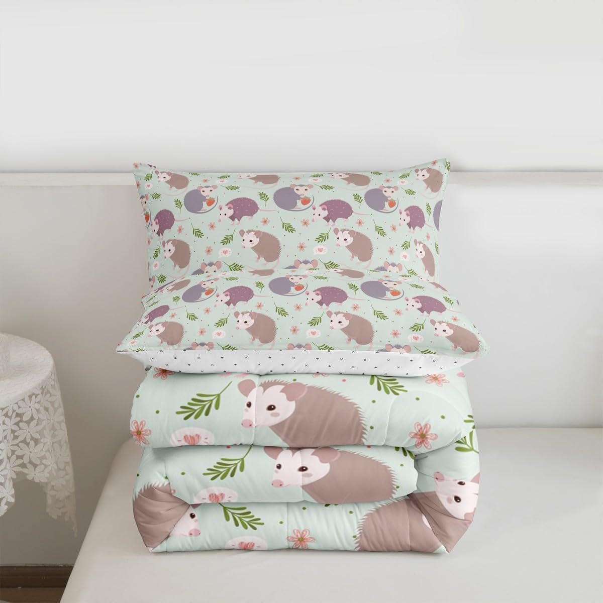 Castle Fairy Opossum Bedding Set for Boys Girls,Flowers Leaves Strawberry All Season Cozy Comforter Set Full Size,Watercolor Cute Possums Duvet Set Bedroom Decor,Festival Gifts