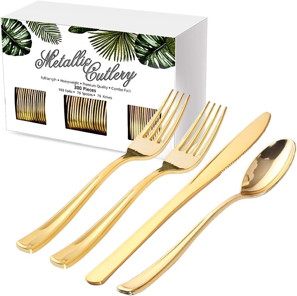 Nervure 300 Piece Gold Plastic Silverware Set - Heavyweight Gold Plastic Cutlery - Disposable Utensil Include 150 Forks, 75 Knives, 75 Spoons Perfect for Parties & Wedding & Party 300Pcs(75Guests) Gold_Classic