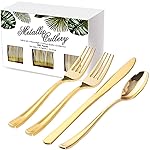 Nervure 300 Piece Gold Plastic Silverware Set - Heavyweight Gold Plastic Cutlery - Disposable Utensil Include 150 Forks, 75 Knives, 75 Spoons Perfect for Parties & Wedding & Party