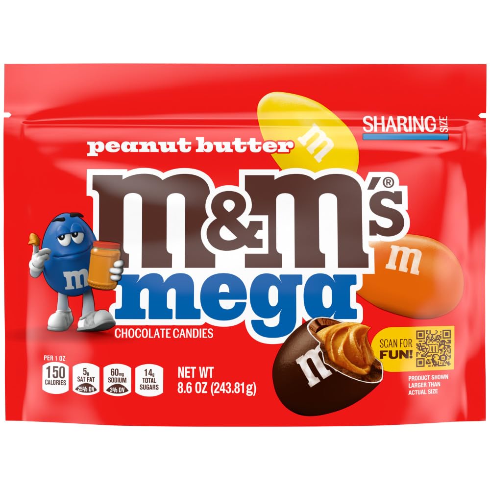 M&M'S Mega Peanut Butter Chocolate Candy, Sharing Size, 8.6 Oz Resealable Bag