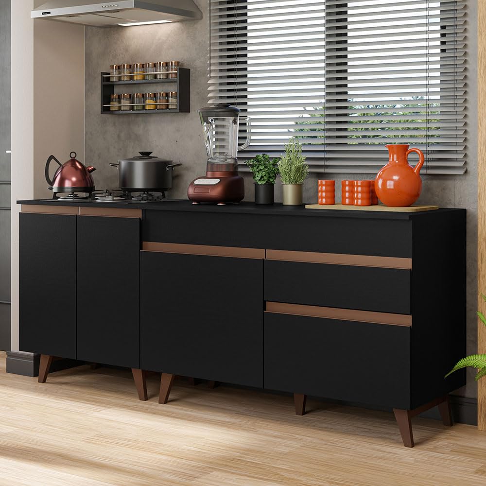 Madesa Reims Modular Kitchen Cabinet Set, 190 cm Wide, Engineered Wood, 2 Cabinets, 4 Doors, 1 Drawer, Black Finish