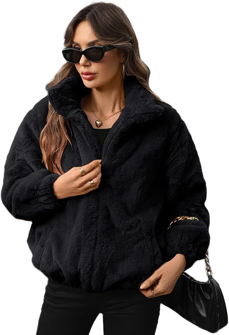 Dugcew Women's Faux Fur Lapel Fashion Short Fluffy Zip Up Jackets Fall Winter Cropped Warm Coat