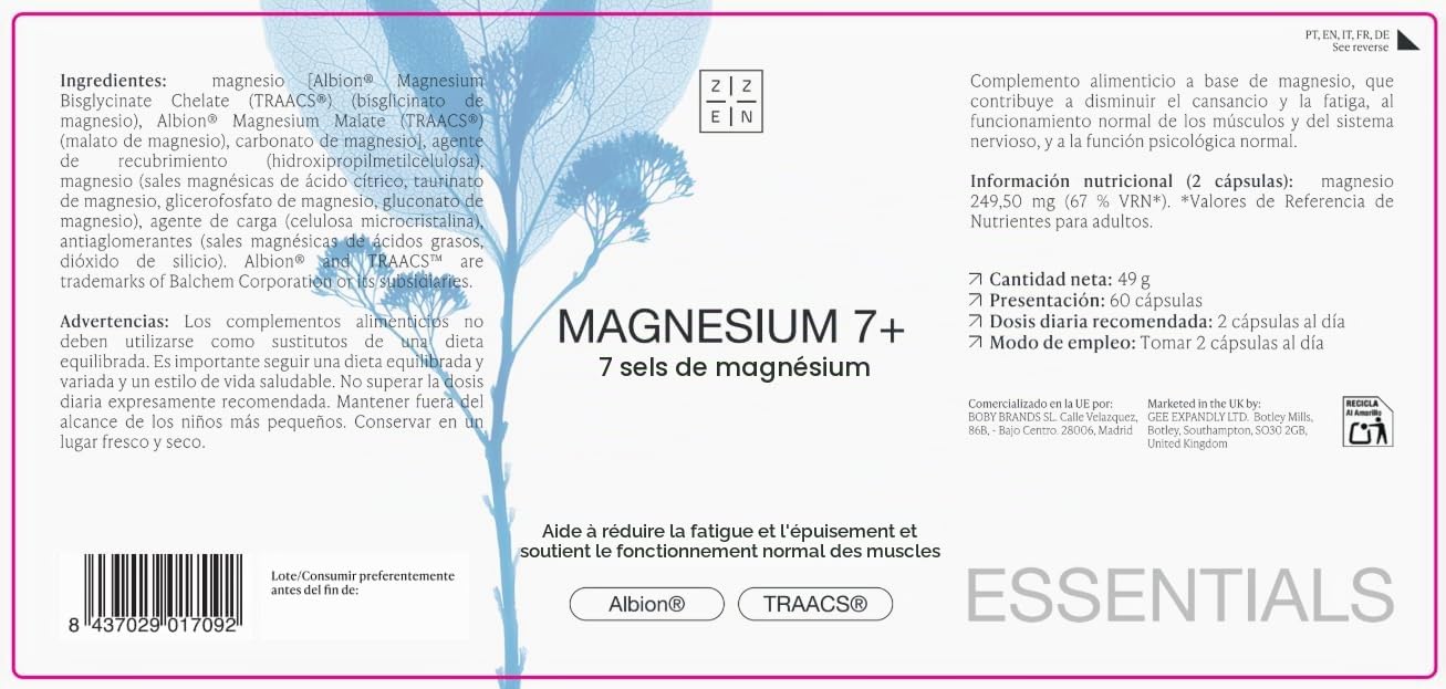 ZZEN Magnésium Complexe 7+ (249 mg), Bisglycinate, Citrate, Malate, Carbonate, Taurate, Glycérophosphate, Gluconate, Fatigue, Stress & Muscles, Haute Absorption, 60 Gélules Végans (Lot de 3)