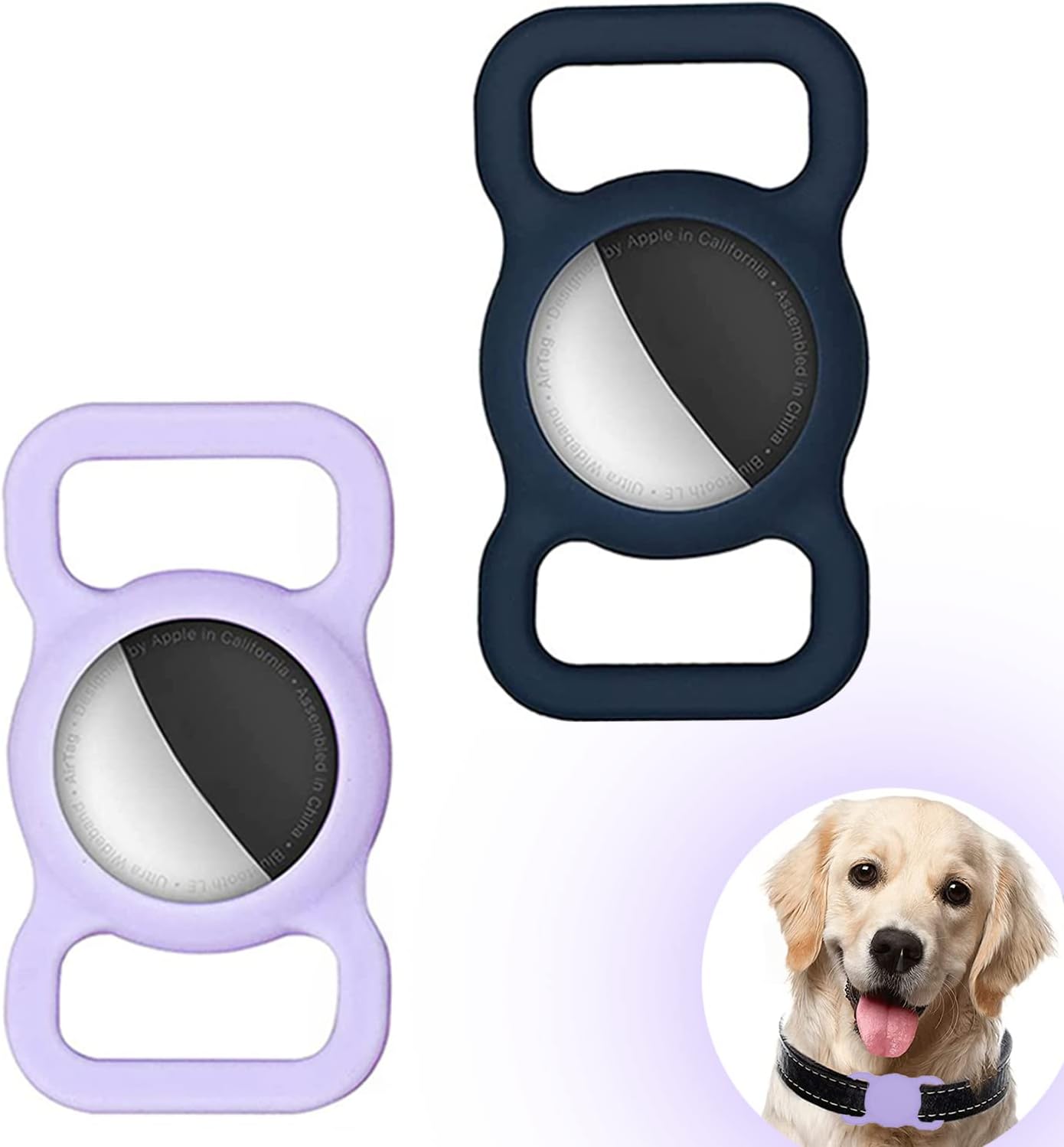 2-Pack Dog Collar Holder Compatible with AirTag, Soft Silicone Waterproof Case for Apple Air Tag Tracker Kids School Bag & Backpack & Dog Pet Collar Loop Holder (Navy Blue/Taro Purple)