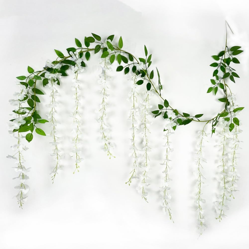 Set of 2 x 200 cm Artificial Wisteria Garlands – Plants and Flowers, Artistic Decorations, Ideal for Ceremonies and Home Wedding Decorations (White)