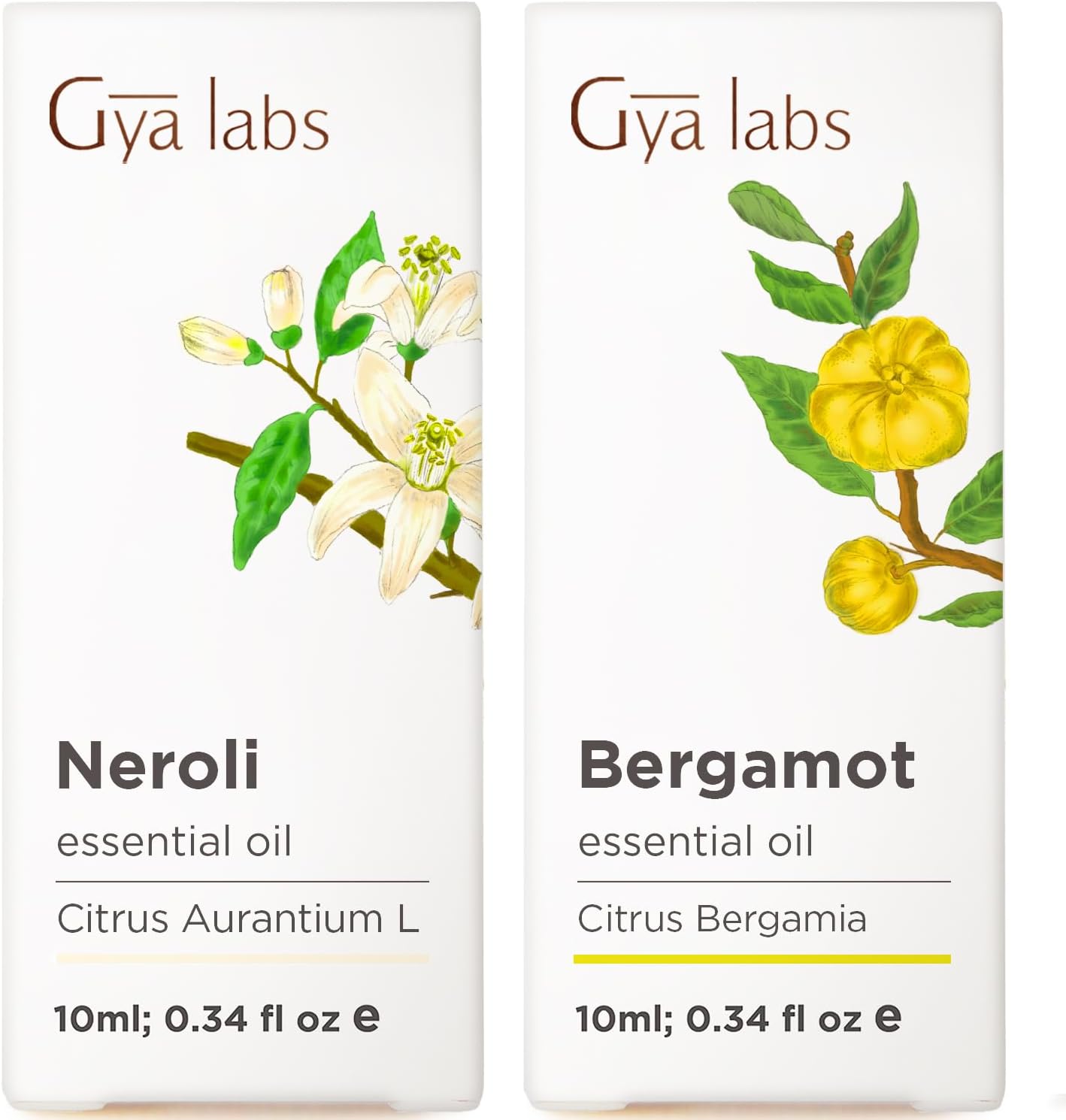 Neroli Essential Oil for Diffuser & Bergamot Oil for Hair Set - Aromatherapy Grade Essential Oils Set - 2x0.34 fl oz - Gya Labs