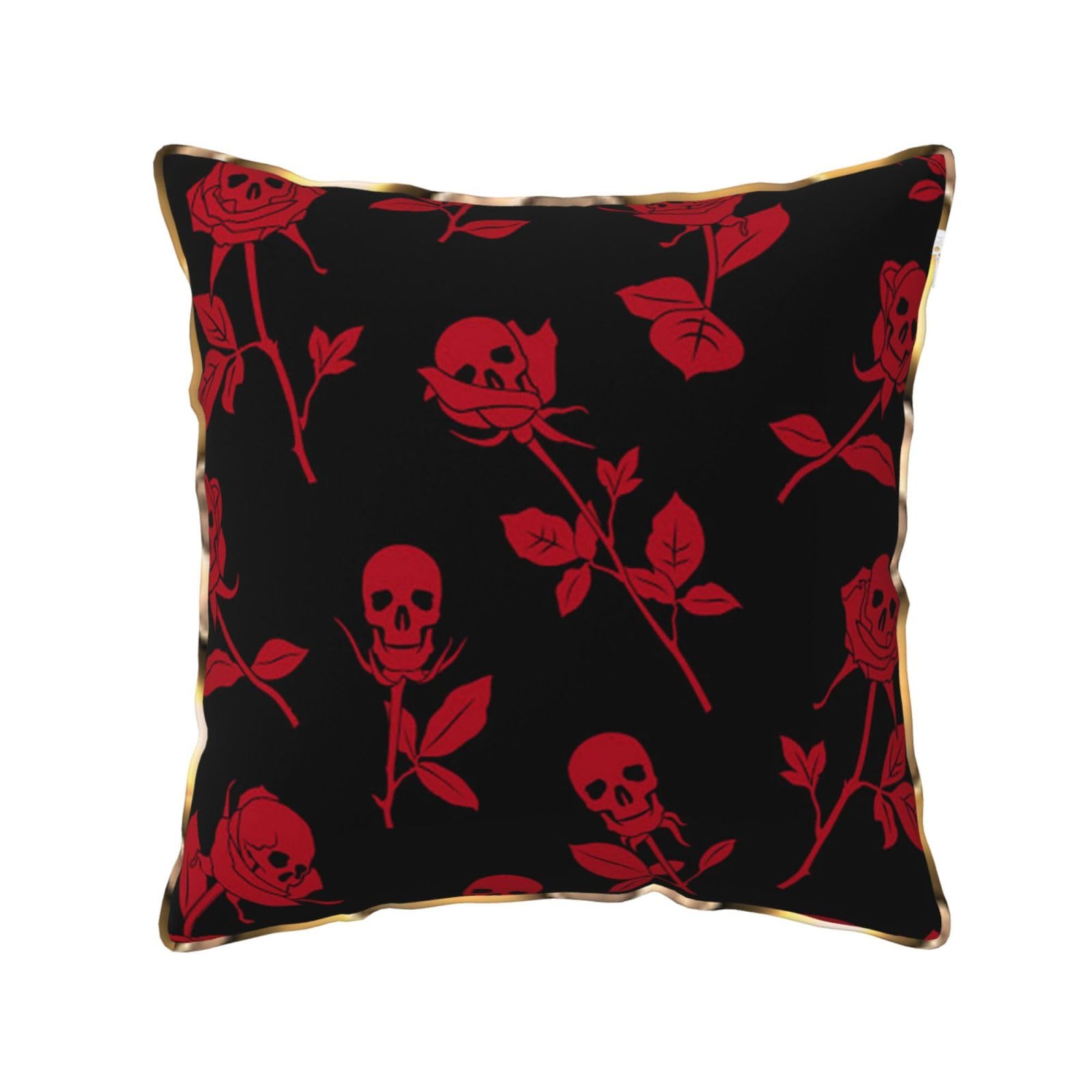 AUBKFELD Skull rose Printed Velvet Cushion Cover 45x45 CM with Gold Edging Strip, Square Pillowcase Soft Throw Pillow Covers Case Decorative for Living Room Sofa Couch Bed Bench