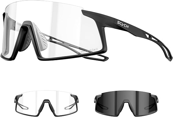 SCVCN Photochromic or Mirrored Cycling Sunglasses for Men and Women S467 | TR90 frame, PC lens, adjustable nose pad, vented design for cycling.
