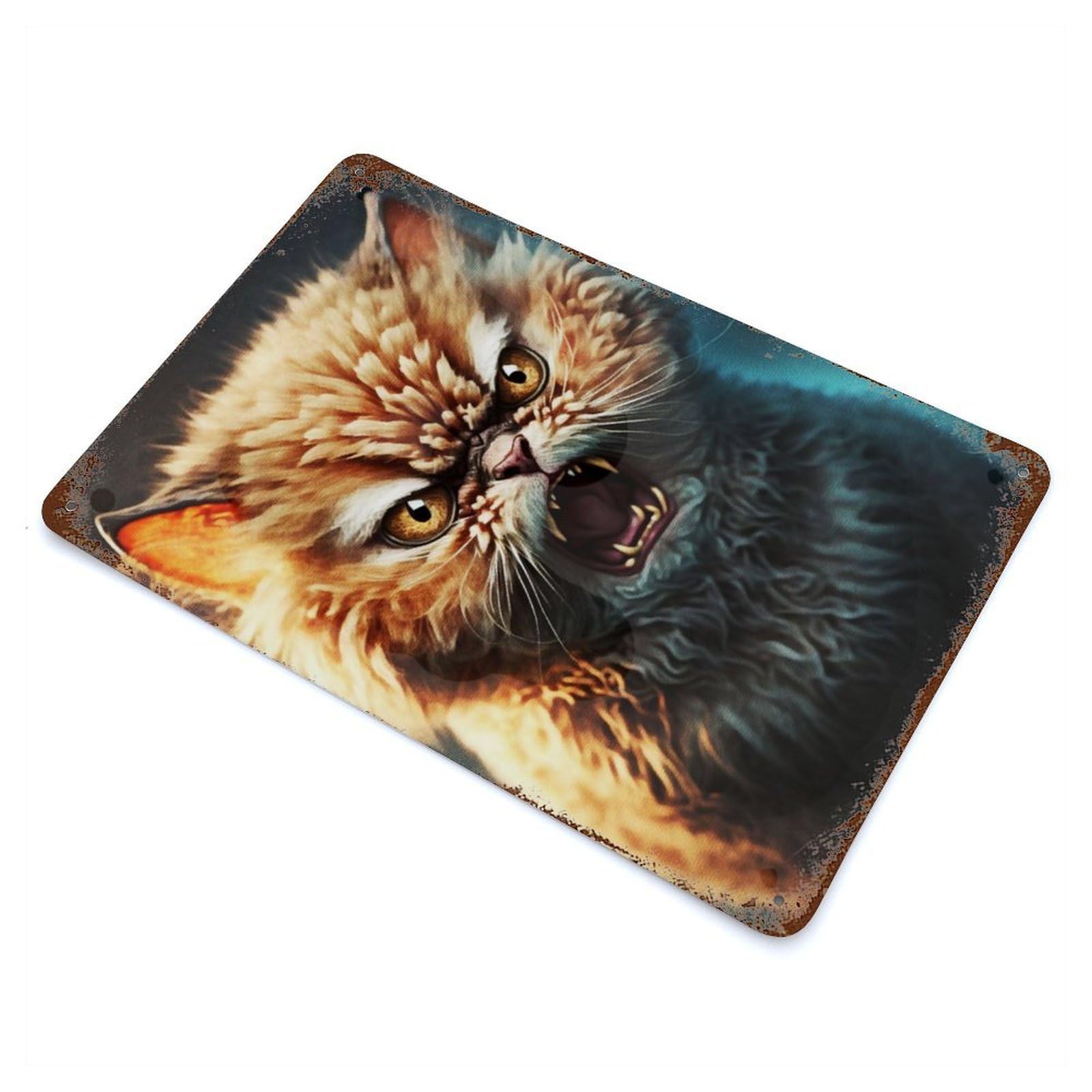 Weathered Tin Sign Angry Cat 11.8"x7.9", Rustic Home Decor for Bistro, Counter And Cafe Decor