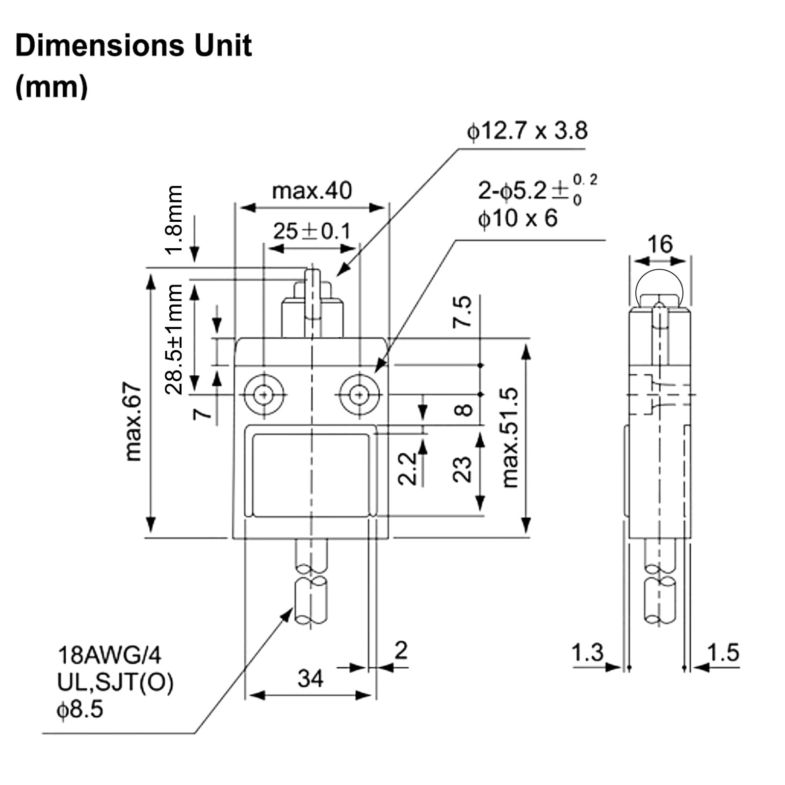 Heschen Interrupteur de limitation compact pré-câblé TZ-3103 Piston à rouleaux SPDT momentané AC 250 V 5 A IP67 étanche