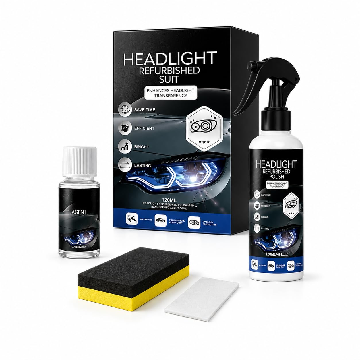 Headlight Restoration Kit, Car Headlamp Cleaner Polish for Yellow Haze，2