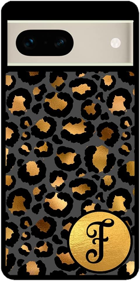 Gold Foil Leopard Skin Initial Black Rubber Phone Case Compatible With Google Pixel 10, 10 Pro, 10 Pro XL, 9a, 9 Pro, Pixel 9, Pixel 9 Pro XL, 8a, 8 Pro, 8, 7, 6, 6a, 6 Pro, 5, 4