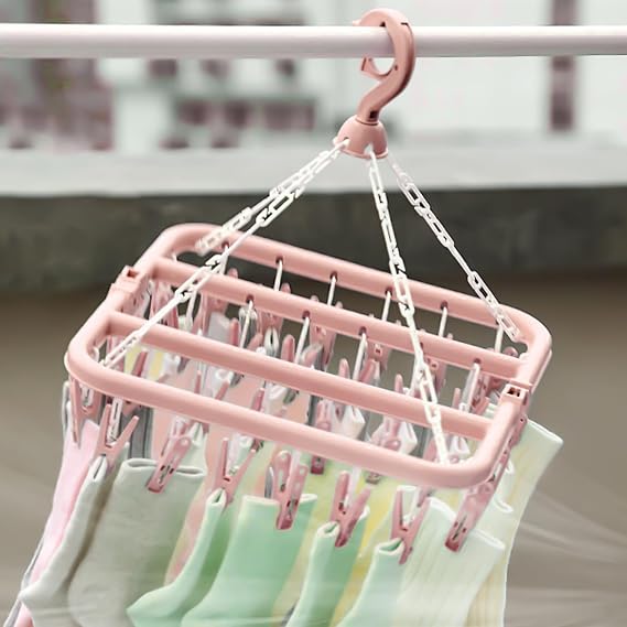 Laundry Clothes Drying Hanger and Drip Foldable Drying Rack Hanging Sock Rack with 32 Clips (Nordic Pink)