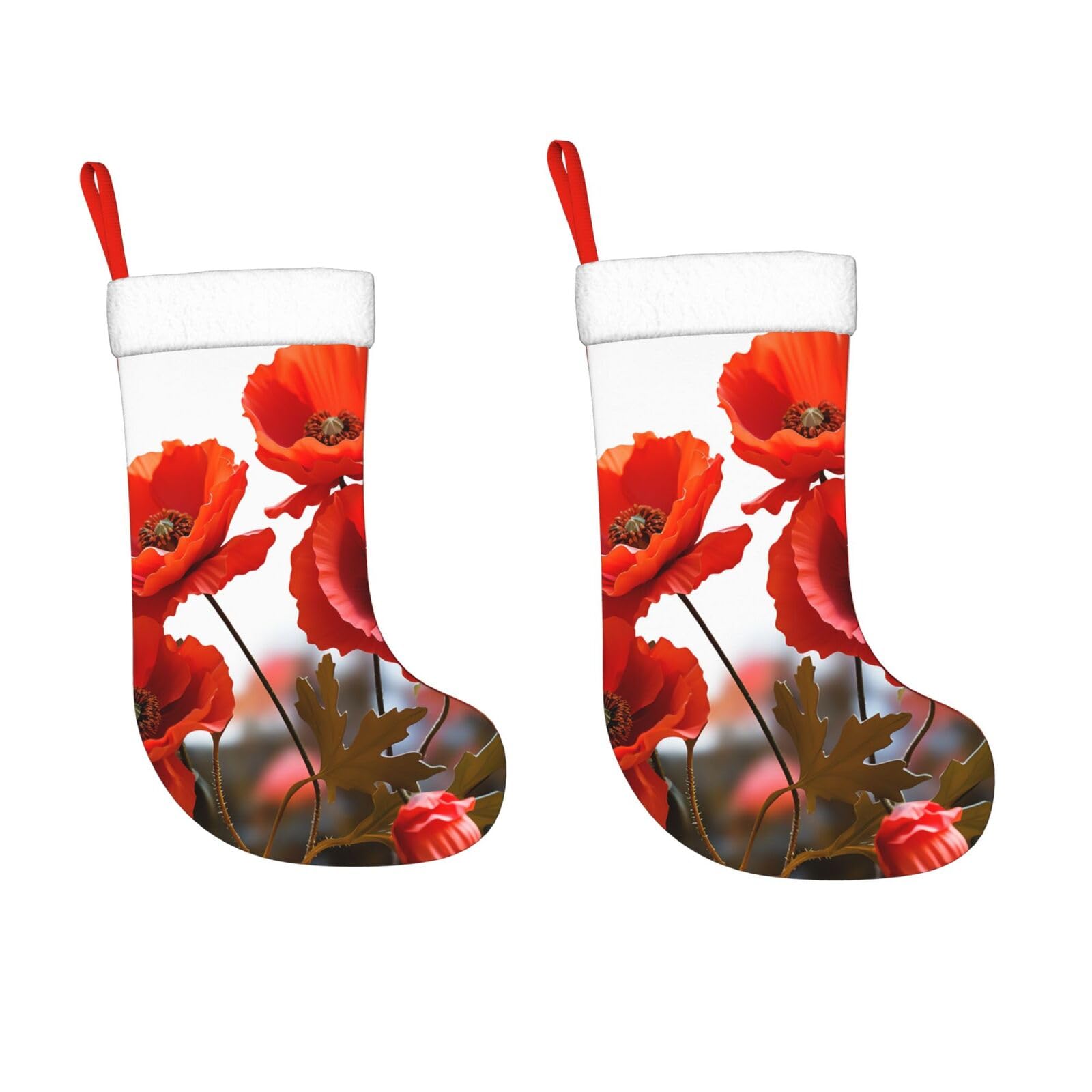 KLOPH 2 Pack 18 Inches Christmas Stockings Personalized Poppy Flowers Vivid Petals Xmas Stocking Hanging Decoration Fireplace Stocking for Holiday Xmas Tree Christmas Fireplace Decor Gifts