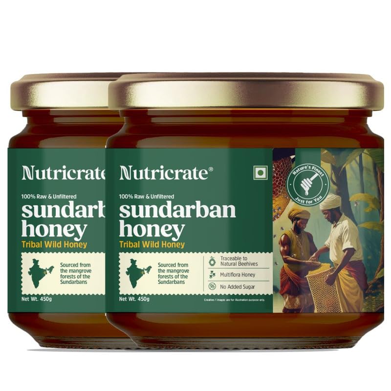 Image of Nutricrate Sundarban Raw Honey -450 GM | 100% Pure Organic Natural Honey from Sundarbans | Unprocessed Unfiltered No Added Sugar | Rich Taste Healthy Daily Use Superfood Nutrients | Pack of 2