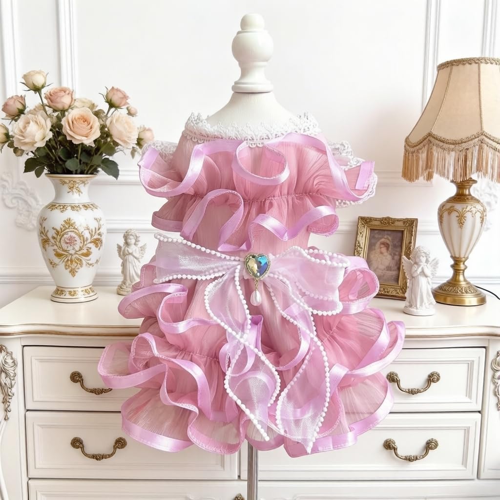 Pink Princess Pet Dress with Ruffles, Lace, Pearl Bow & Heart Charm, Elegant Costume for Small Dogs and Cats (Medium)