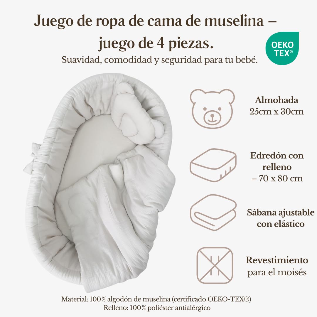 Wiklinopol Amelia moisés de mimbre con estructura y colchón – Cesta para bebé en color natural – Juego de ropa de cama de muselina beige – Cesta de mimbre portátil, ideal para recién nacidos